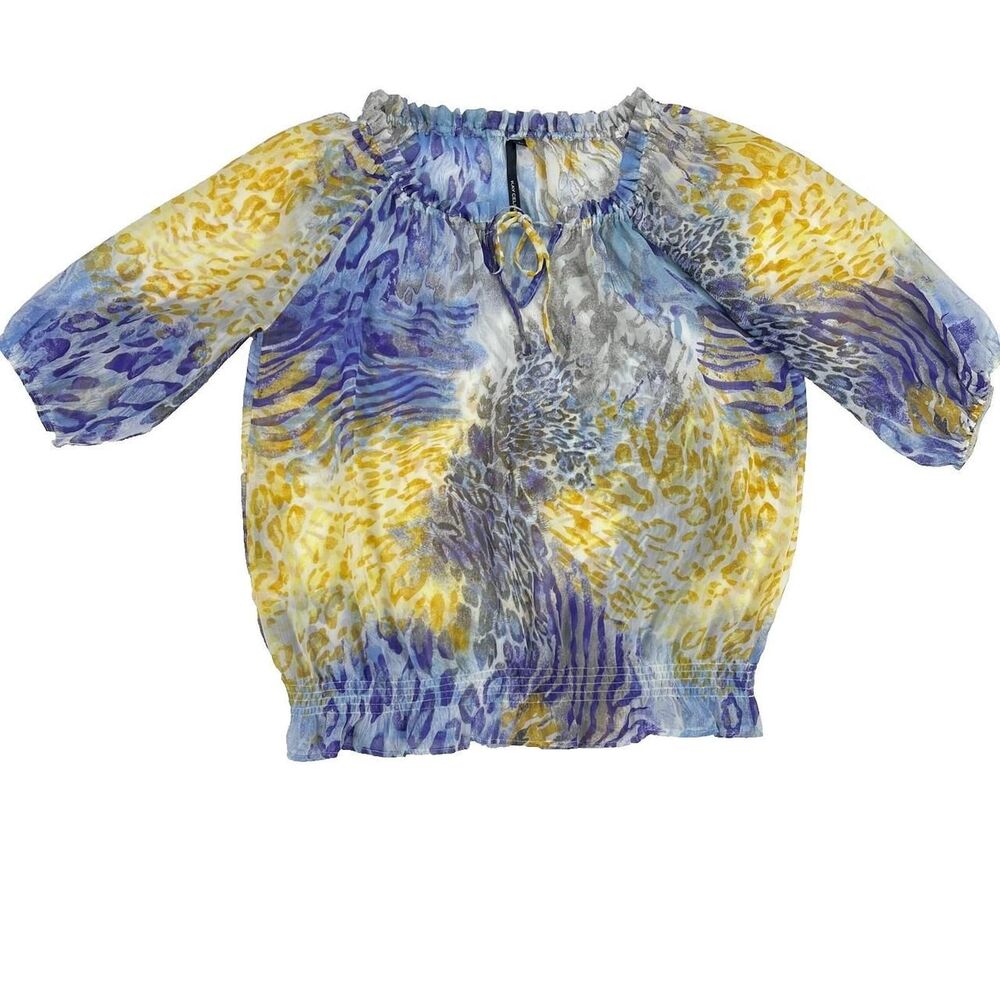Kay Celine Sheer Animal Print Peasant Blouse Blue Yellow Smocked Waist Top Large